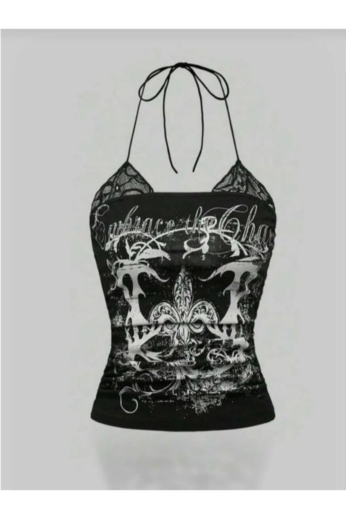 Dantelli Siyah Embrace The Chaos Gotik Y2K Boyundan Bağlamalı Crop Top