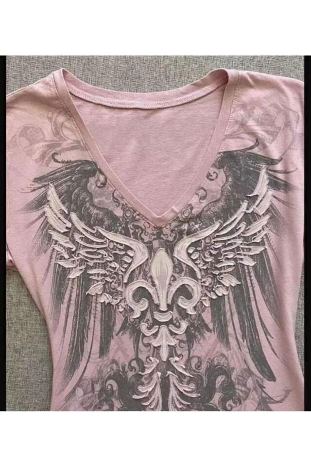 Gothic Style Angel Wings Baskılı Pembe Kısa Kollu Bluz