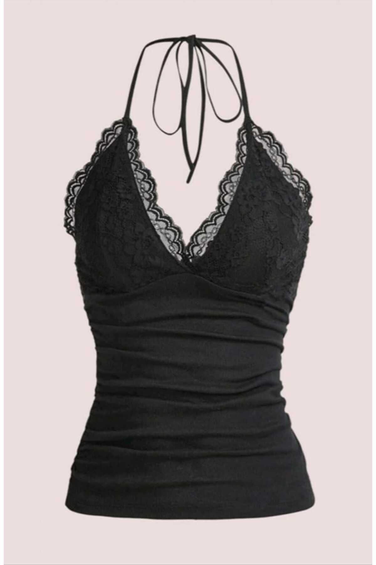 Dantelli V Yaka Gothic Boyun Bağlamalı Full Bluz