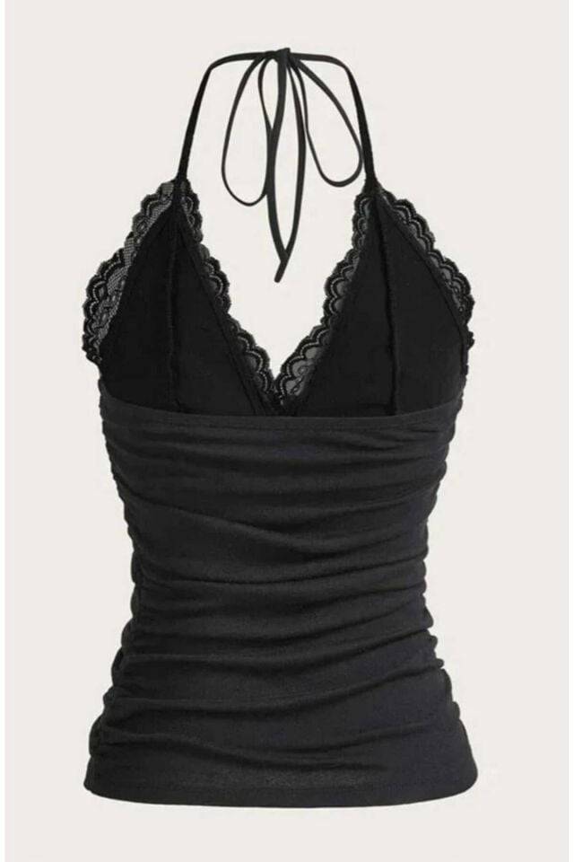 Dantelli V Yaka Gothic Boyun Bağlamalı Full Bluz