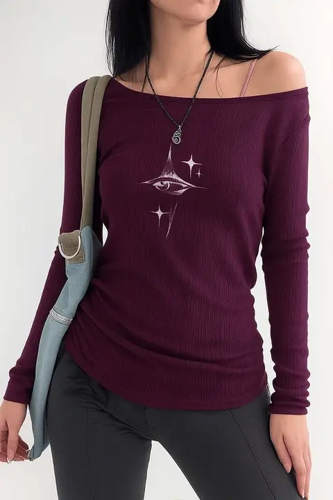 Mürdüm Crystal Eye Madonna Yaka Askılı Harajuku Y2K Uzun Kollu Bluz