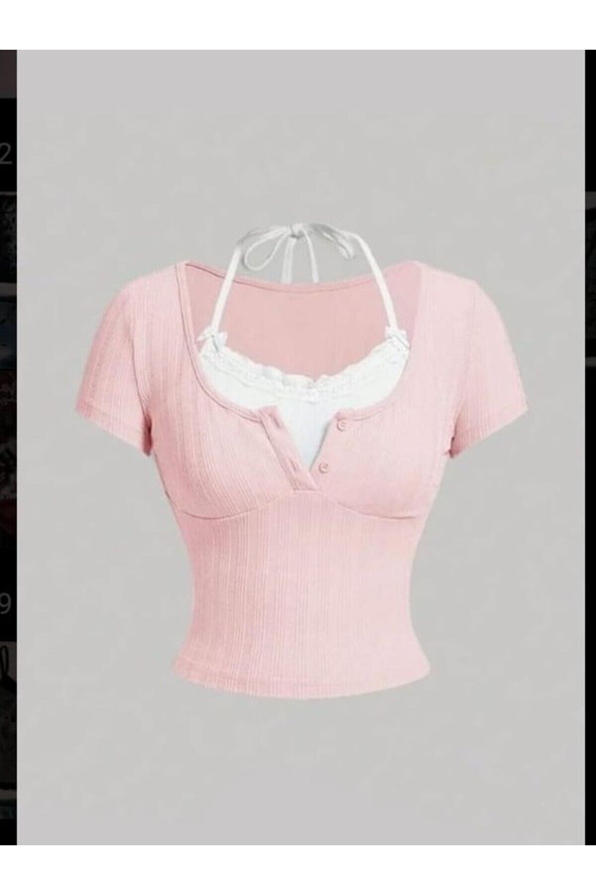 pink beyaz kurdeleli boyundan bağlamalı bluz