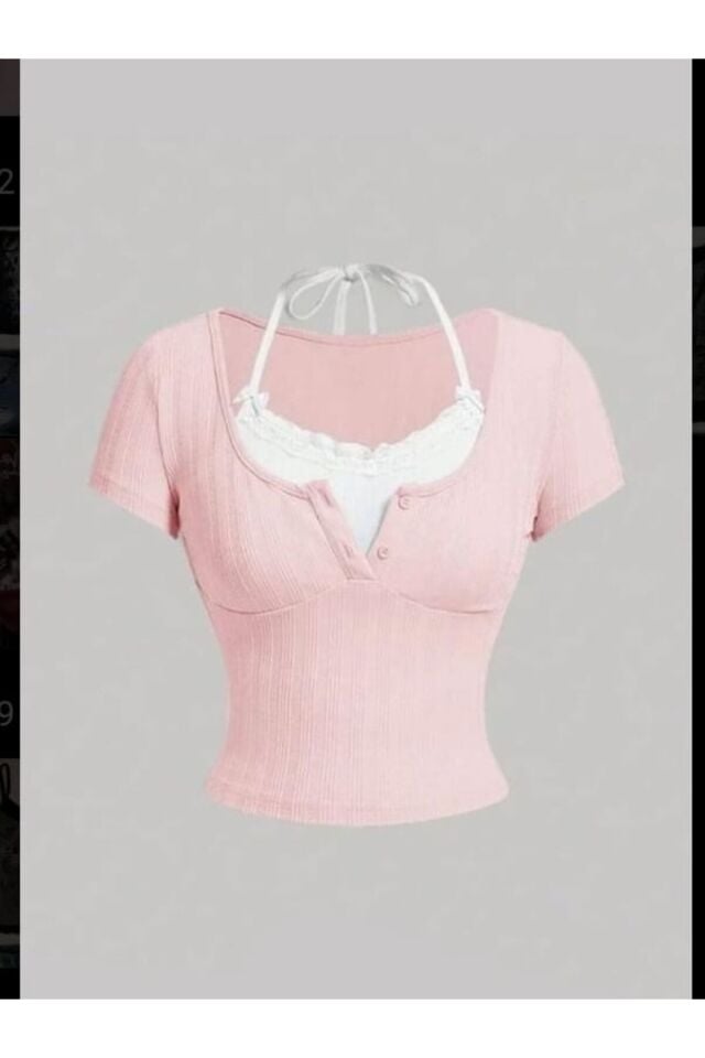 pink beyaz kurdeleli boyundan bağlamalı bluz