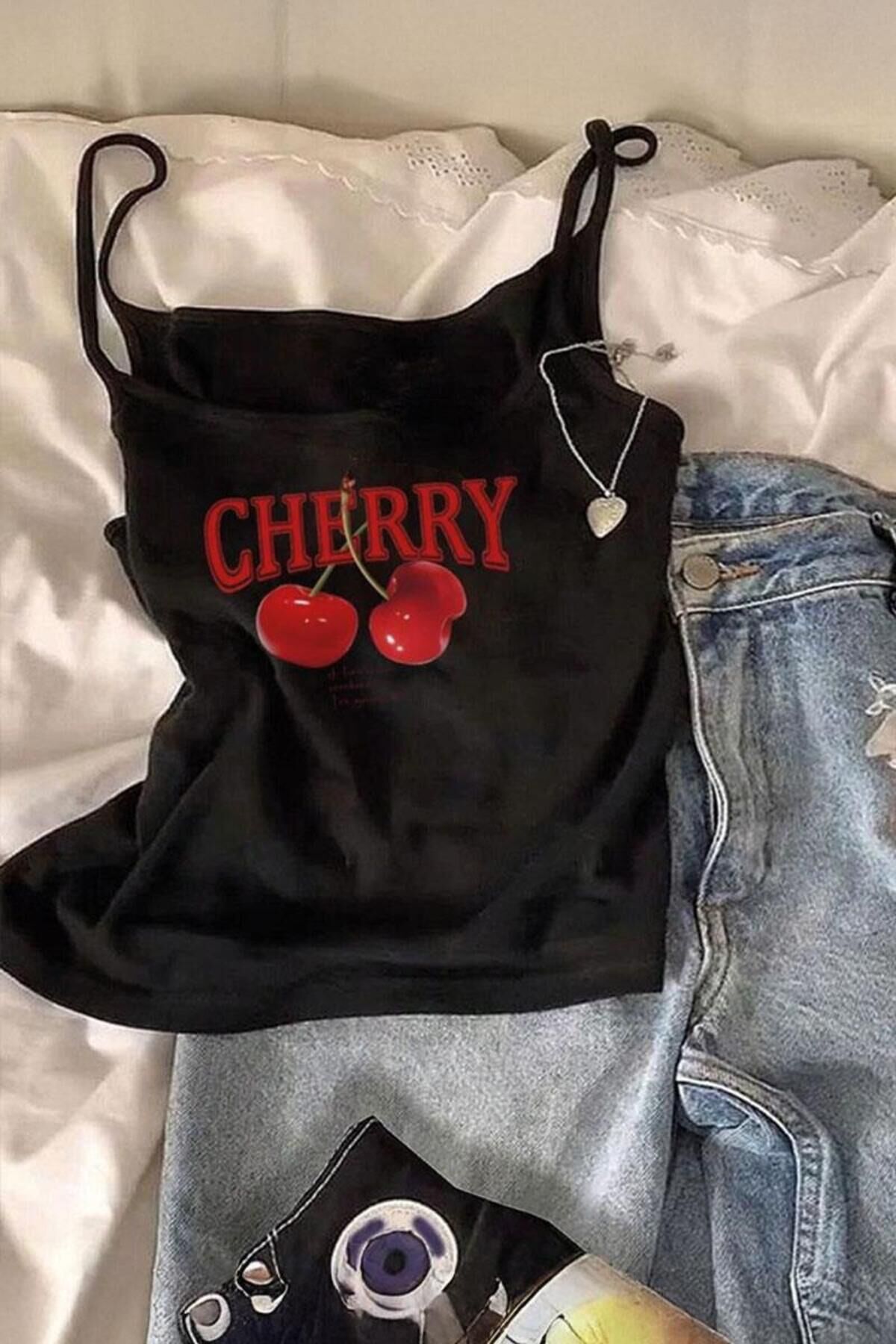 Vintage Style Cherry Fruit Kiraz Desenli Askılı Tişört Siyah - L