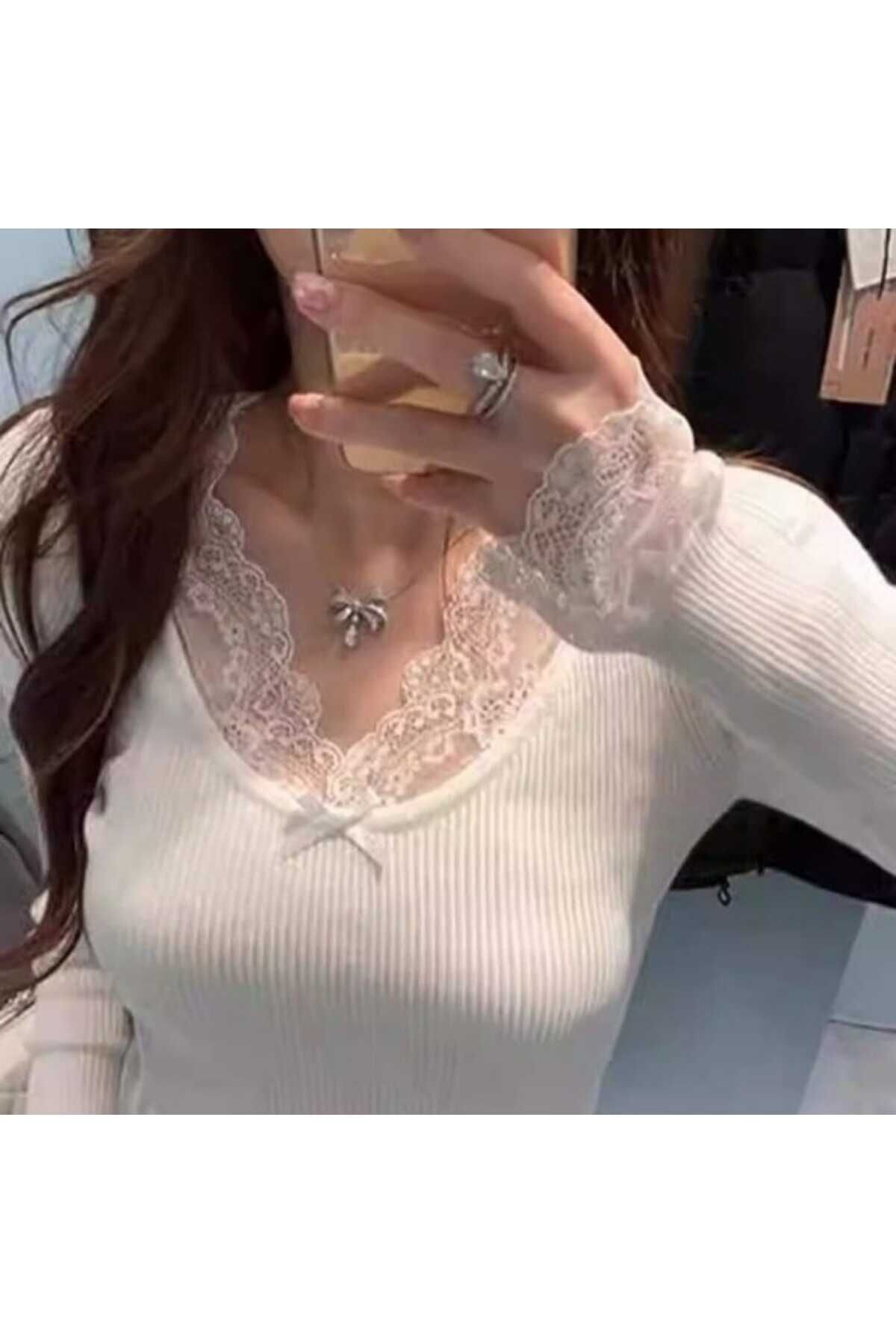 dantel detaylı Pinterest tam boy bluz