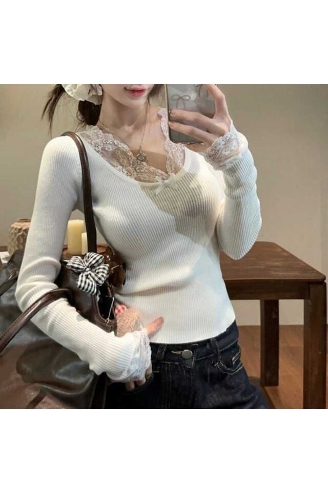 dantel detaylı Pinterest tam boy bluz