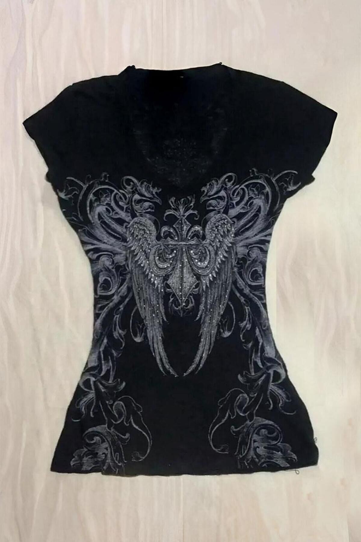 Gothic Style Angel Wings Siyah Kısa Kollu Bluz