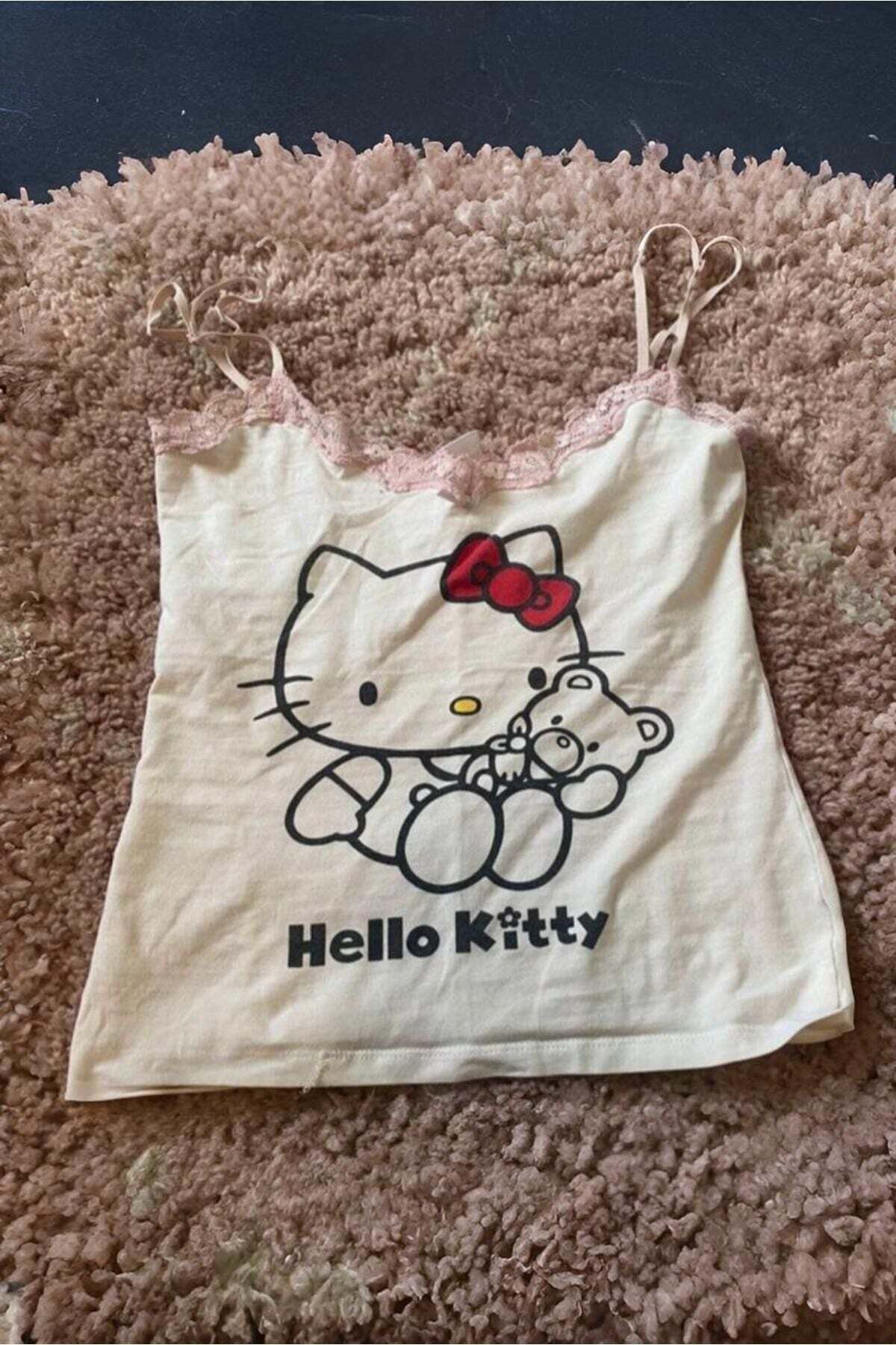 Beyaz Hello Kitty Bear Cub Y2K Askılı Crop