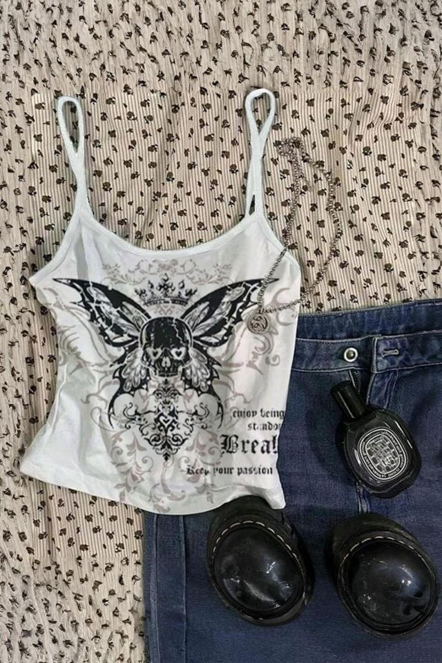 Gothic Skull Butterfly Askılı Crop Tişört