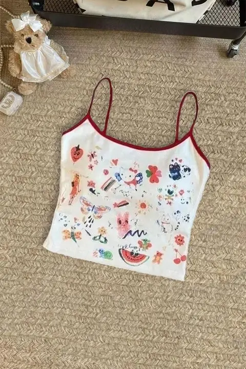 Beyaz Hello Kitty Collage Mix Kırmızı Şeritli Y2K Askılı Crop