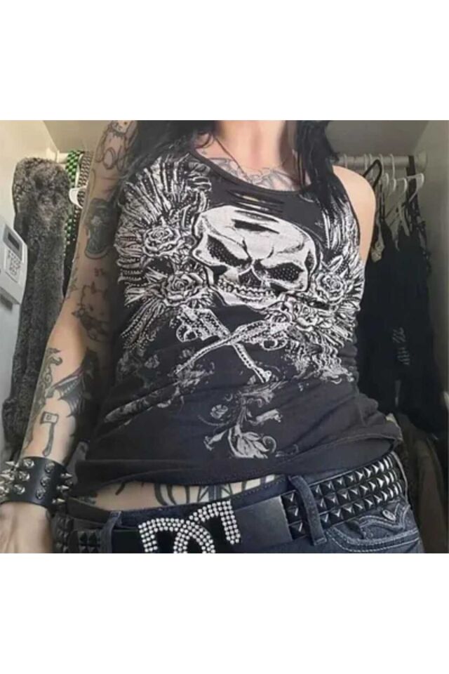 Gotic Punk yırtık detaylı tam boy bluz