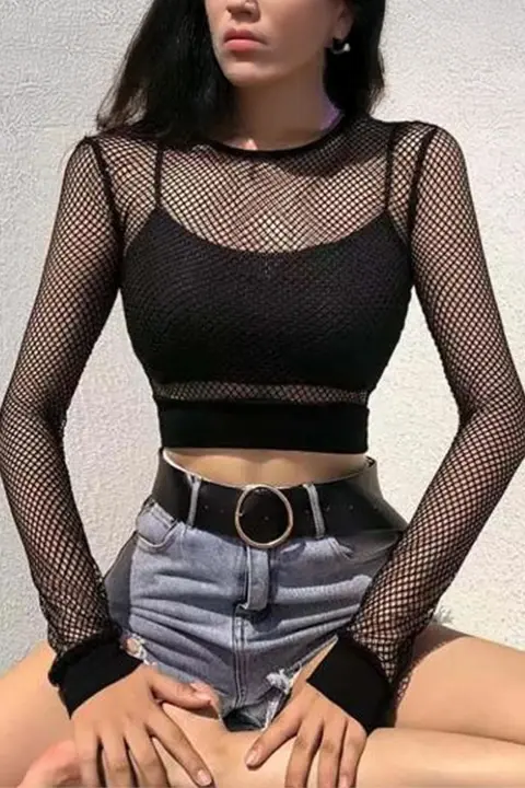 Siyah Fileli Lastik Detaylı Crop Uzun Kollu