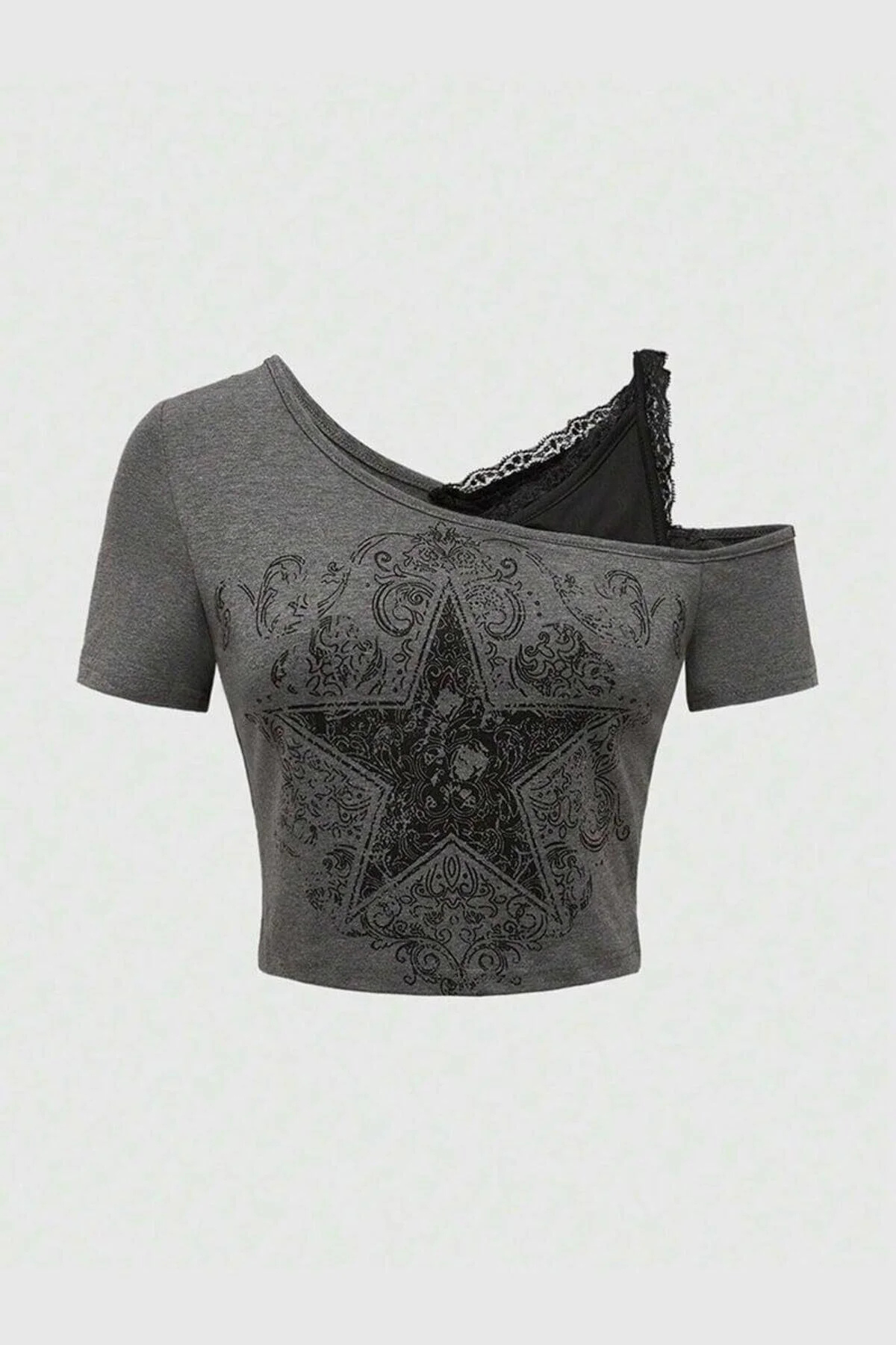 Ek Askılı Gothic Star Yıldız Baskılı Kısa Kollu Crop Bluz