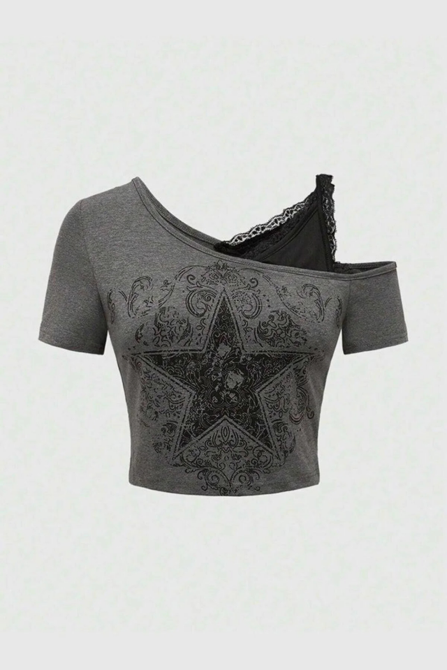 Ek Askılı Gothic Star Yıldız Baskılı Kısa Kollu Crop Bluz