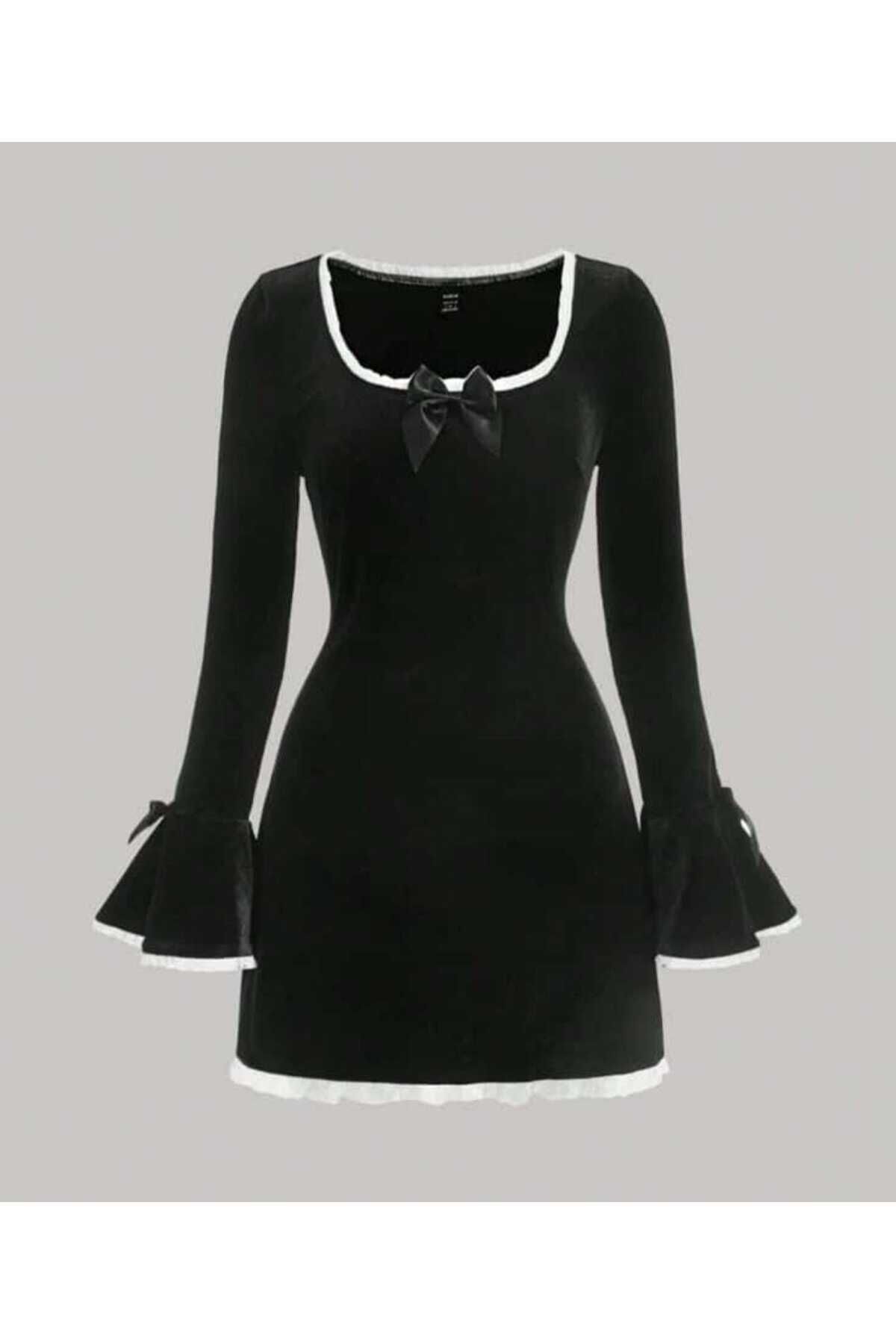 Coquette Lolita kurdele detay İspanyol kol uzun kollu elbise