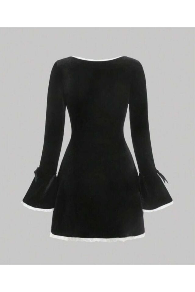 Coquette Lolita kurdele detay İspanyol kol uzun kollu elbise