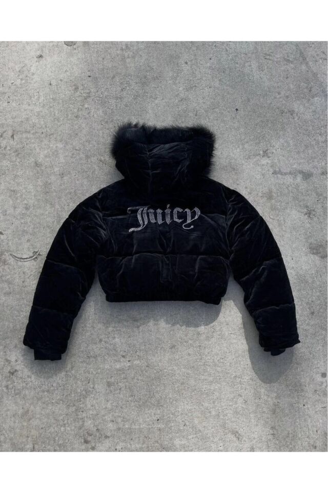 Juicyy Couture Taşlı Kürklü Viral Pinterest Mont Siyah - XS