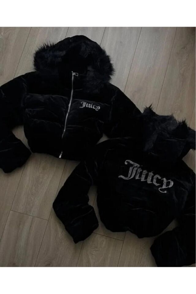 Juicyy Couture Taşlı Kürklü Viral Pinterest Mont Siyah - XS
