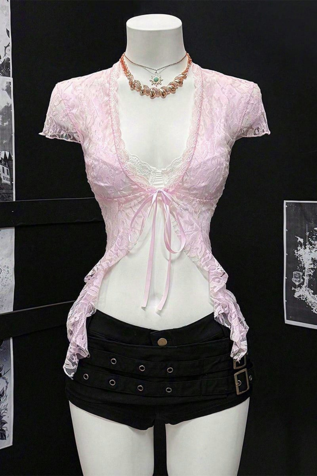 Pembe Dantelli Bağlamalı Bolero Y2K Kısa Kollu Crop