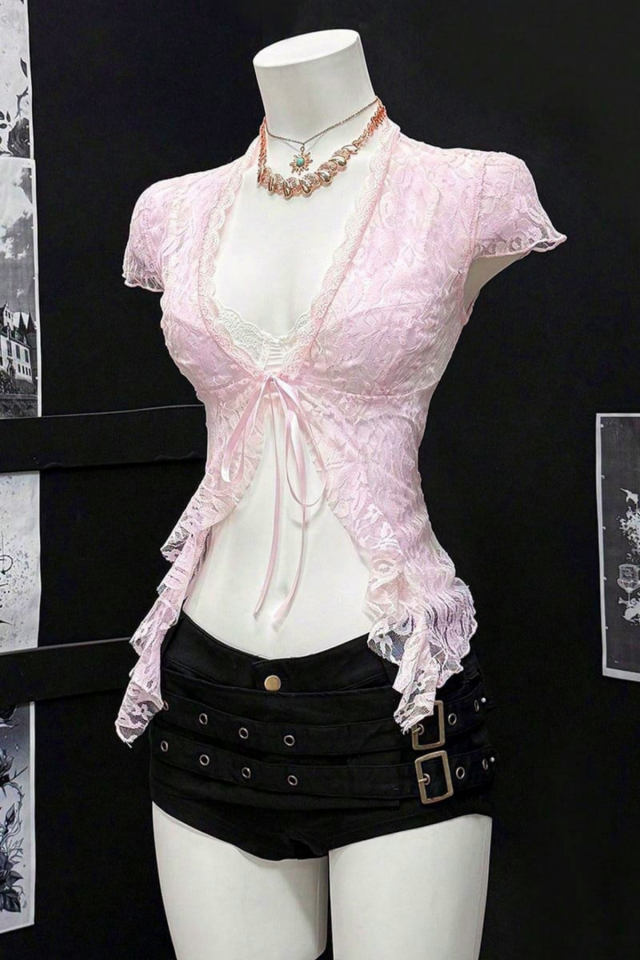 Pembe Dantelli Bağlamalı Bolero Y2K Kısa Kollu Crop