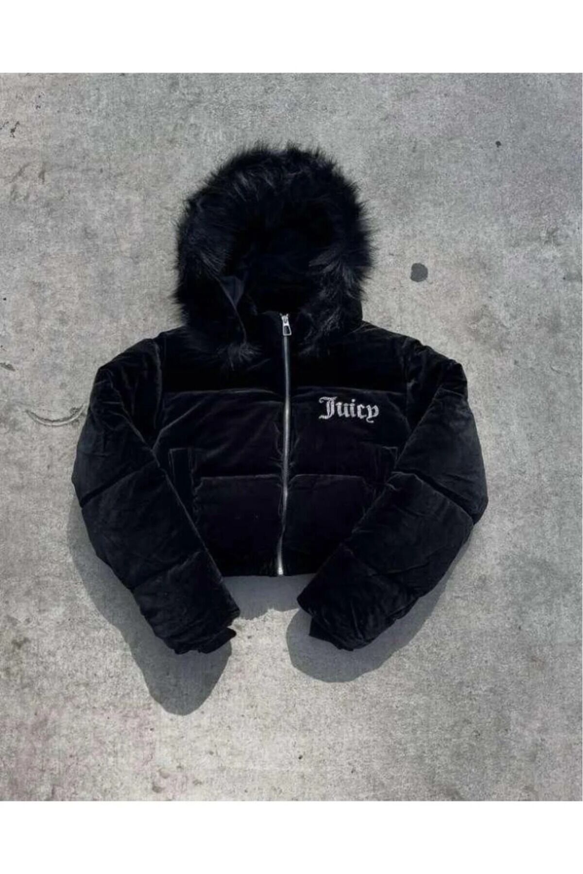 Juicyy Couture Taşlı Kürklü Viral Pinterest Mont Siyah - XL