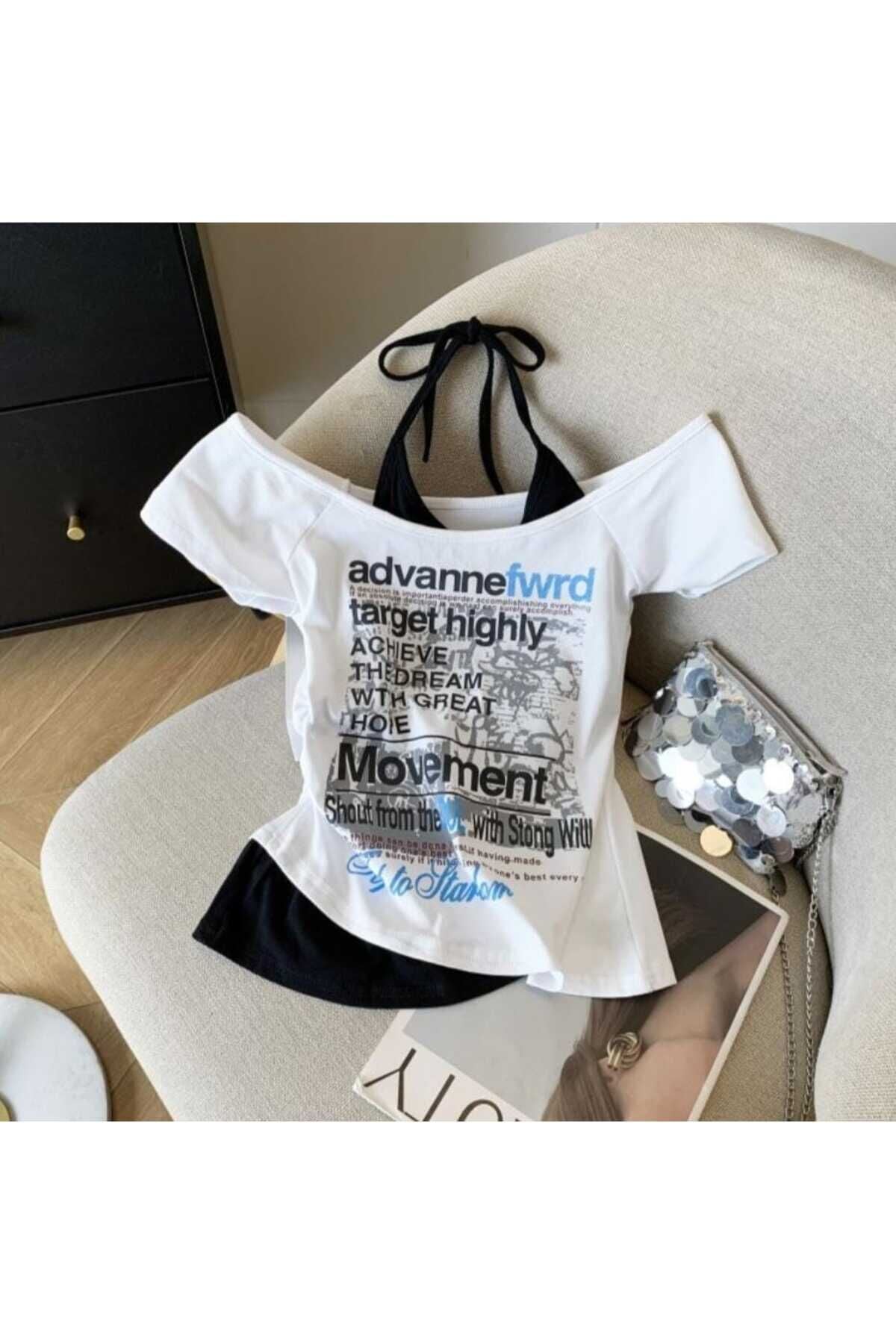 Beyaz Target Highly Lovement Madonna Yaka Y2K ek askılı tam boy bluz