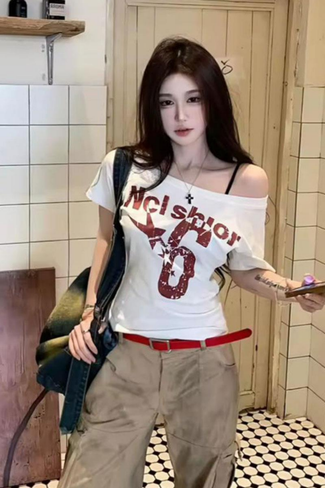 Beyaz Nclshior 6 Y2K Kısa Kollu Crop