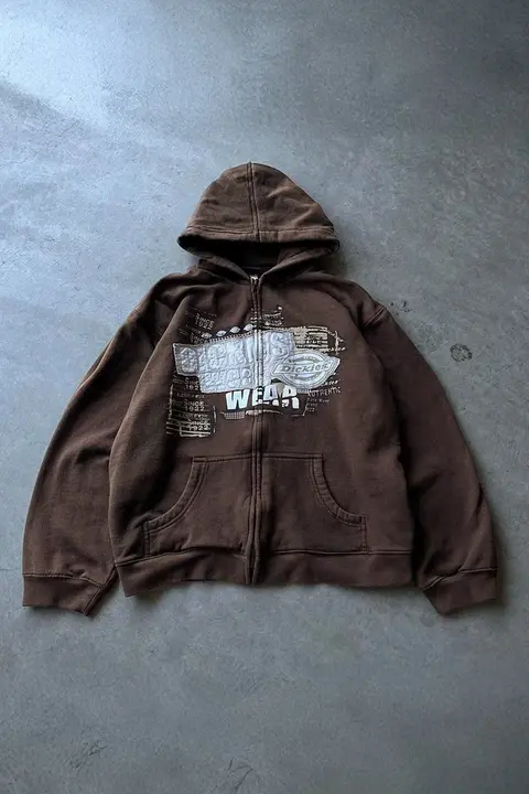 Koyu Kahverengi Wear Y2K Unisex Kapüşonlu Unsiex Hırka