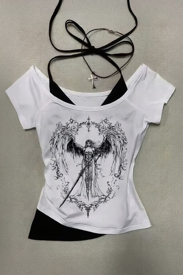 Beyaz Sword Warriror Angel Madonna Yaka Ek Askılı Kısa Kollu Full Body Crop Tişört