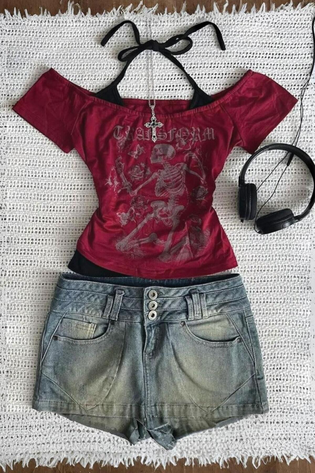 Bordo Skeleton Madonna Yaka Ek Askılı Kısa Kollu Full Body Crop Bluz