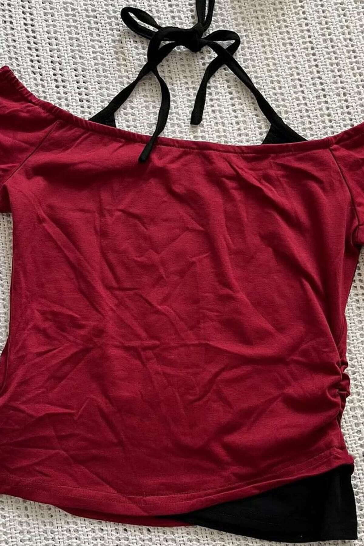 Bordo Skeleton Madonna Yaka Ek Askılı Kısa Kollu Full Body Crop Bluz