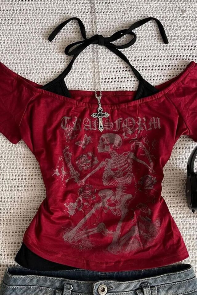 Bordo Skeleton Madonna Yaka Ek Askılı Kısa Kollu Full Body Crop Bluz