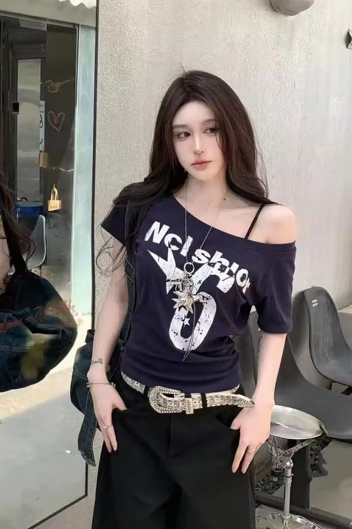 Lacivert Nclshior 6 Y2K Kısa Kollu Crop