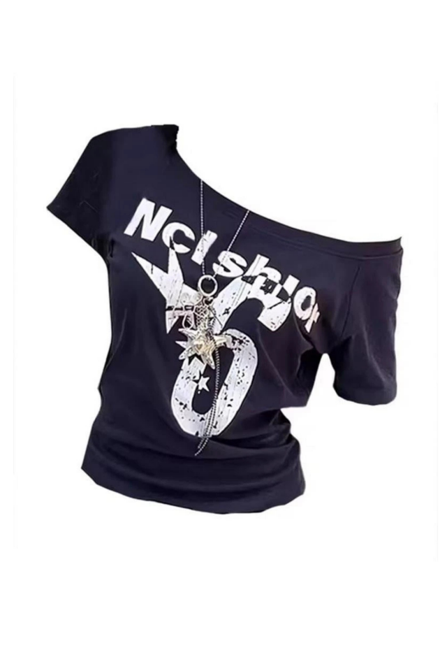 Lacivert Nclshior 6 Y2K Kısa Kollu Crop