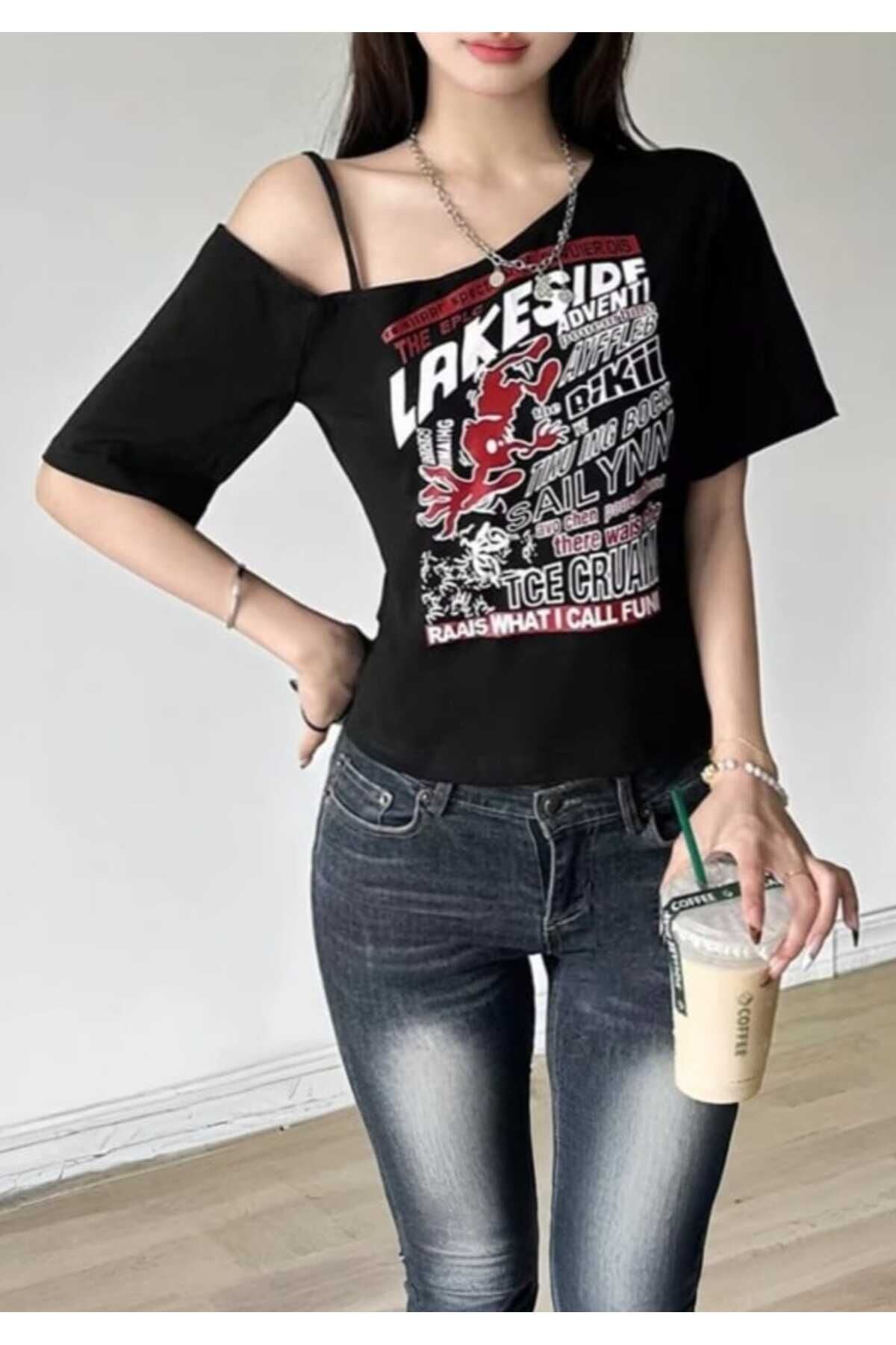 Lakeside Baskılı Düşük Omuzlu Y2K Bluz