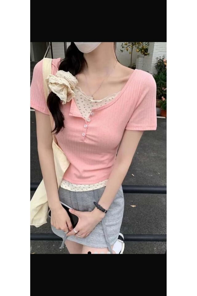 Dantelli Çiçekli Ek Parçalı Düğmeli Y2K Vintage Kısa Kollu Bluz Pembe - L
