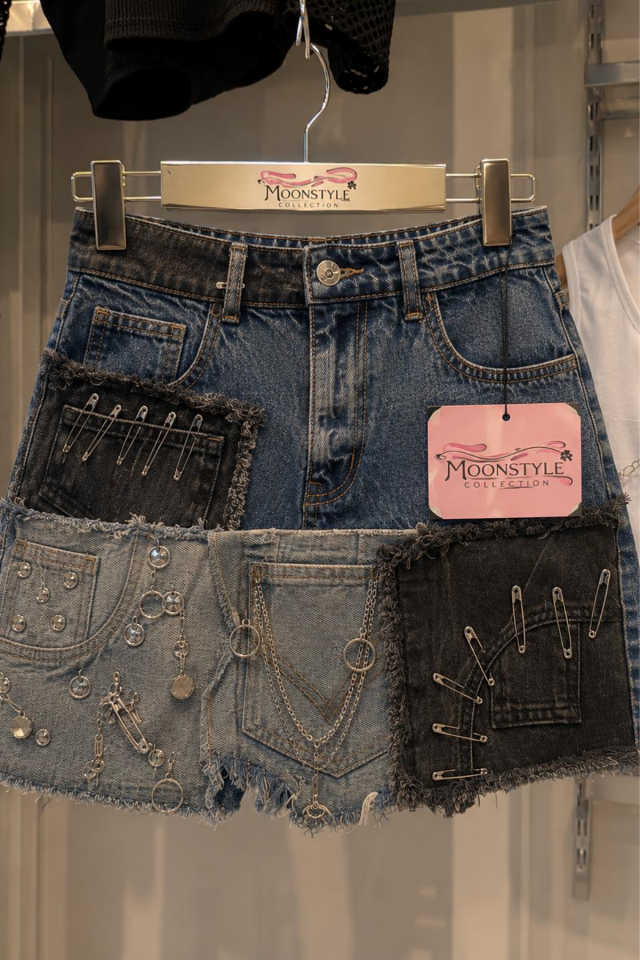 Silver Chain Patchwork Street Y2k Harajuku Style Denim Mini Etek