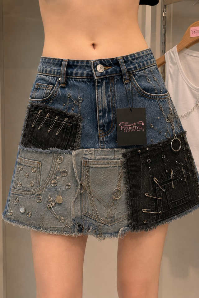 Silver Chain Patchwork Street Y2k Harajuku Style Denim Mini Etek