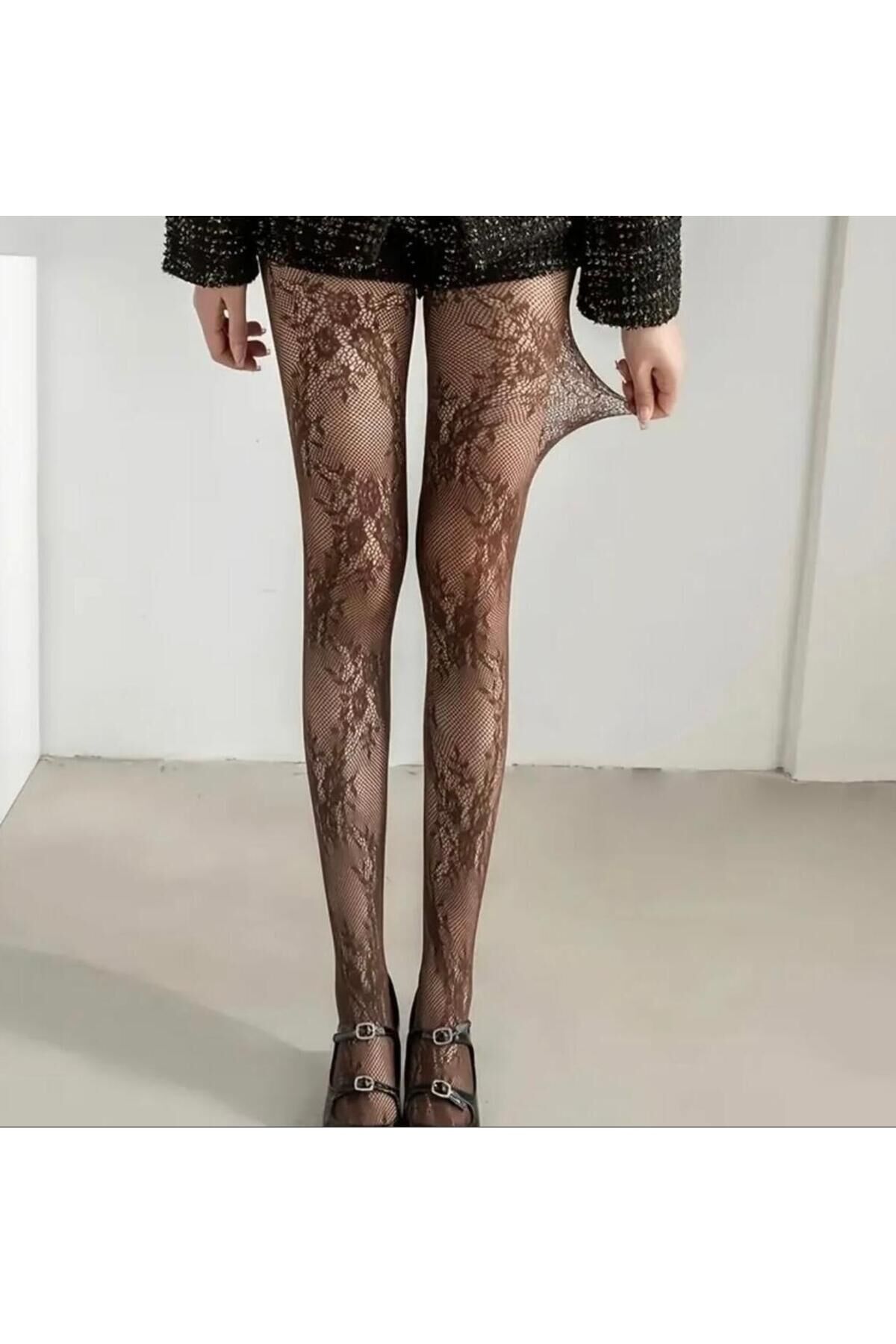 Çiçekli Dantelli Pinterest Y2K Victorian Külotlu Çorap Kahverengi - Tek Ebat