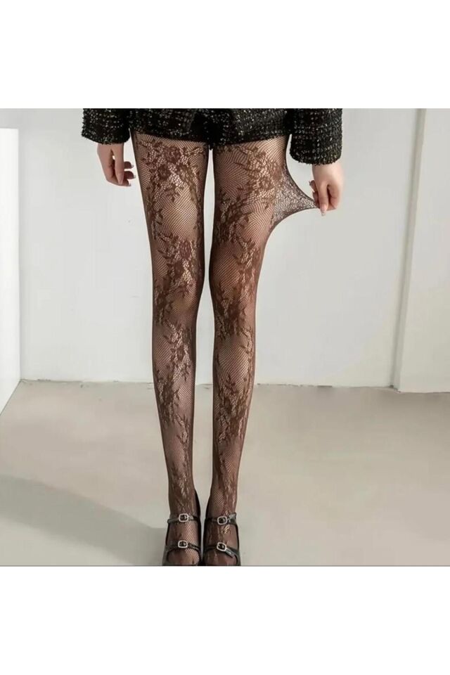 Çiçekli Dantelli Pinterest Y2K Victorian Külotlu Çorap Kahverengi - Tek Ebat