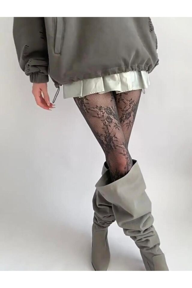 Çiçekli Dantelli Pinterest Y2K Victorian Külotlu Çorap Gri - Tek Ebat