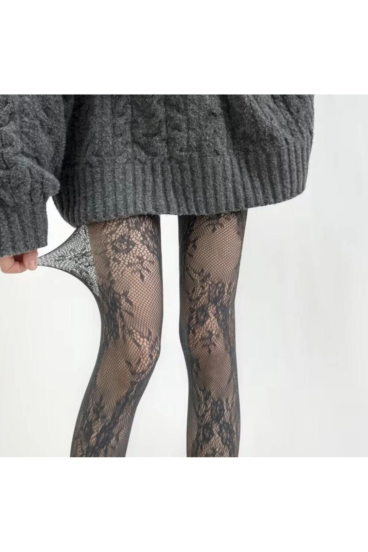 Çiçekli Dantelli Pinterest Y2K Victorian Külotlu Çorap Gri - Tek Ebat