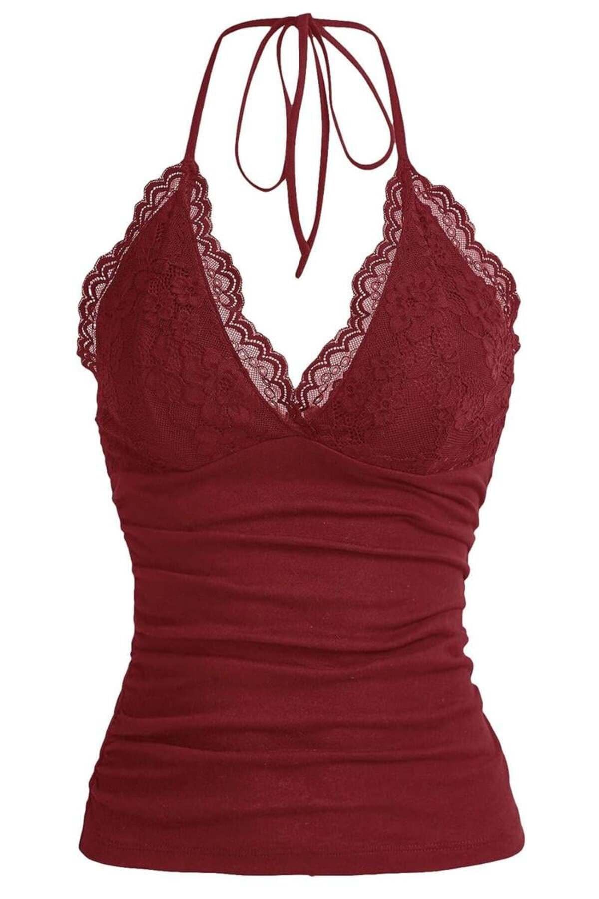 Bordo Dantelli V Yaka Gothic Boyun Bağlamalı Full Body Crop