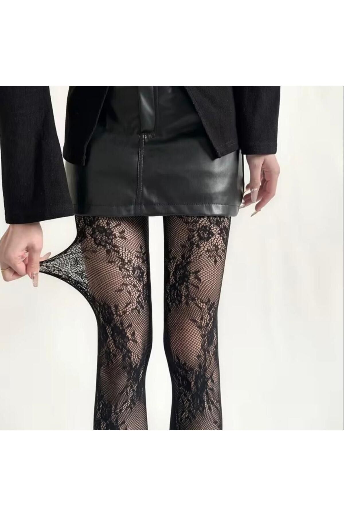 Çiçekli Dantelli Pinterest Y2K Victorian Külotlu Çorap Siyah - Tek Ebat
