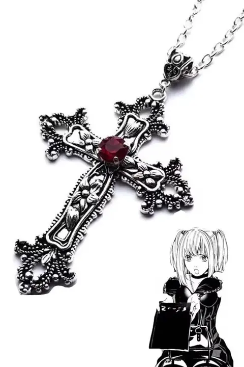 Silver Anime Misa Haç Kırmızı Taş Detaylı Kolye