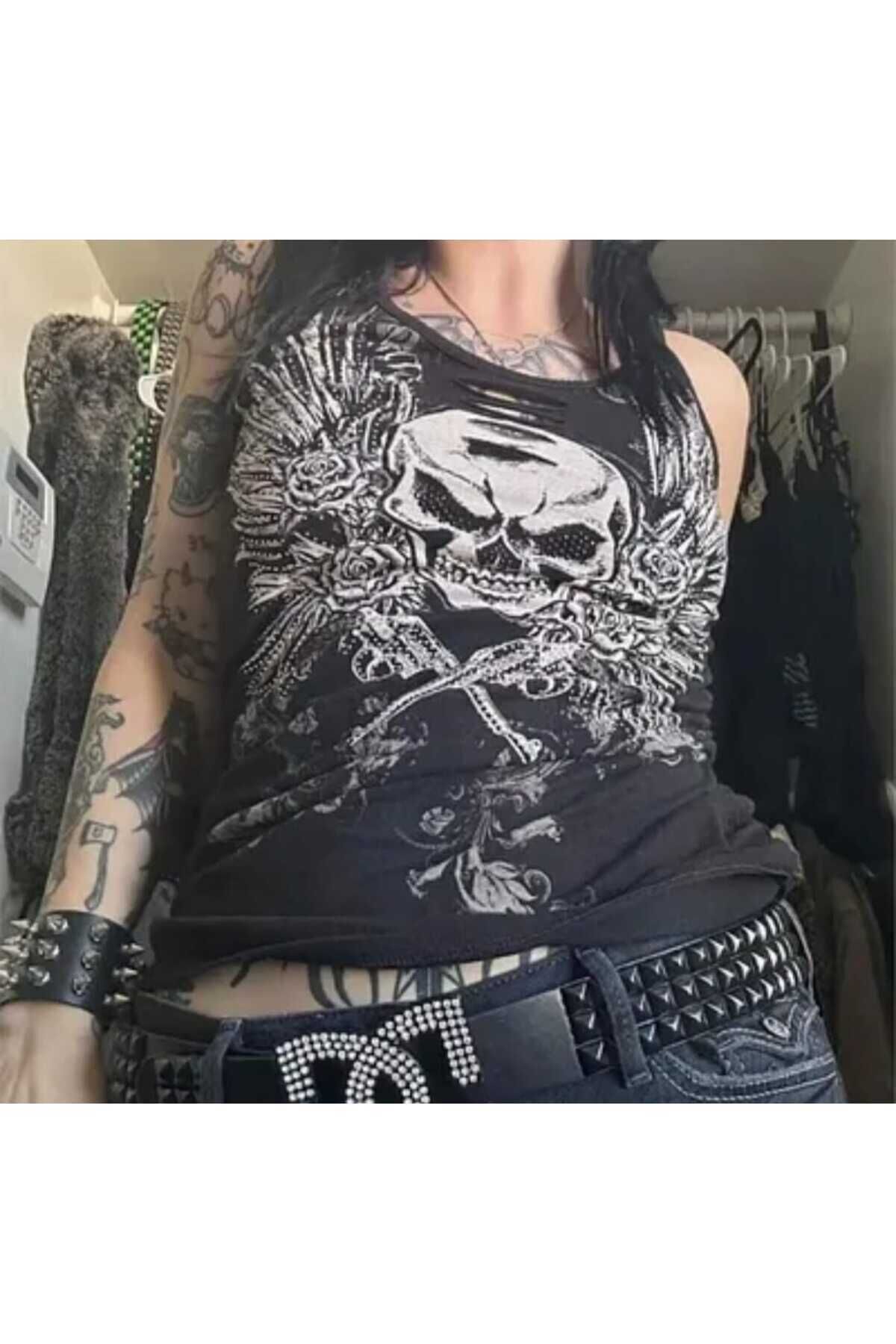 Gotic Punk yırtık detaylı tam boy bluz Siyah - M