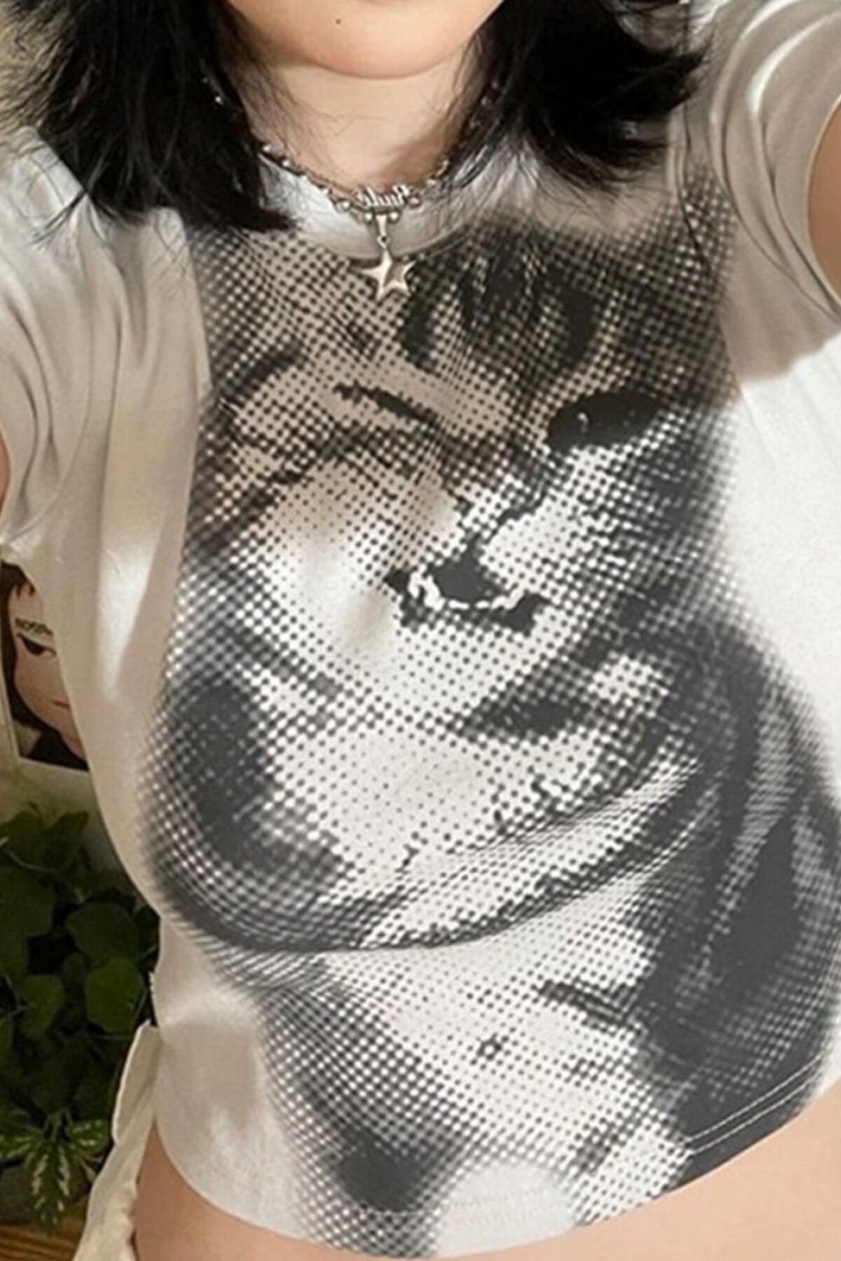 Beyaz Baby Cat Gotik Y2K Kısa Kollu Crop