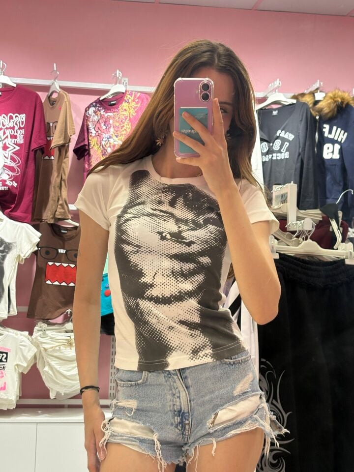 Beyaz Baby Cat Gotik Y2K Kısa Kollu Crop