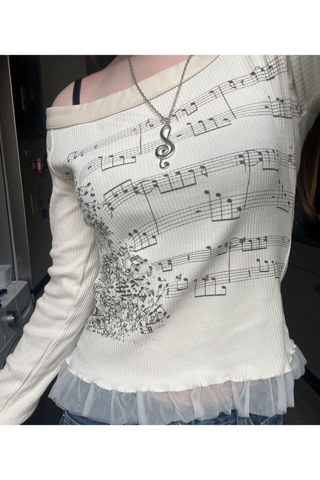 Notalı Melodili Coquette Lolita Tül Detaylı Pinterest Y2k Bluz Beyaz - M