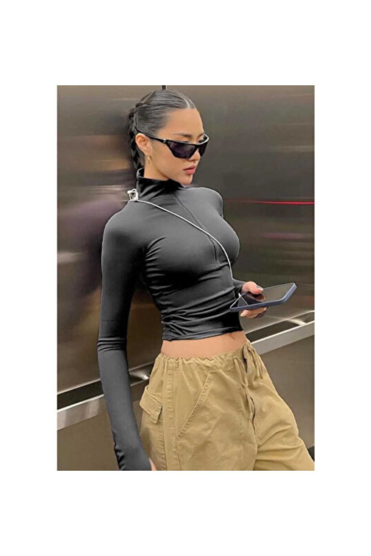 world fashion Füme Balıkçı Yaka Fermuarlı Uzun Kollu Crop füme - L